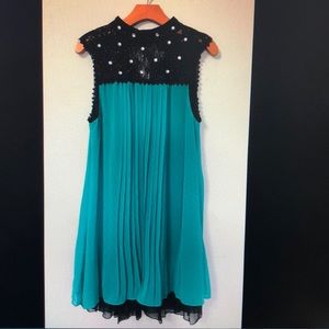 Womens Emerald pleated, lace, embellished dress.